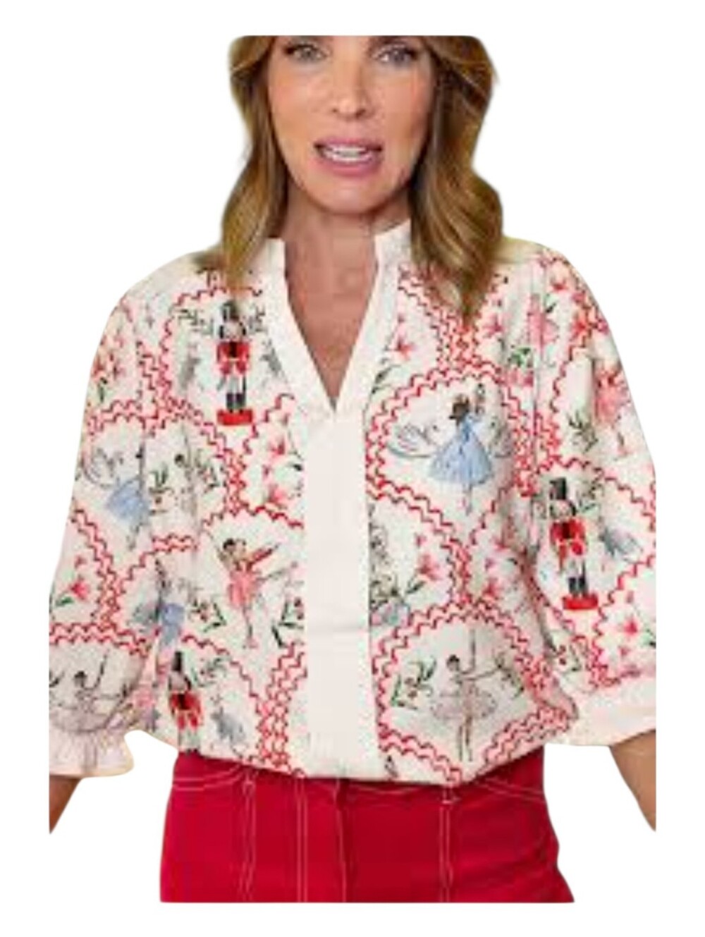 Cherry Betty Womens Colorful Holiday Nutcracker Mixed Print Ruffled Blouse XL